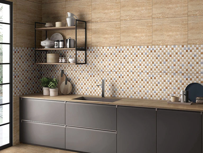 Travertine mosaic tiles with wooden cabinetry for simple kitchen design